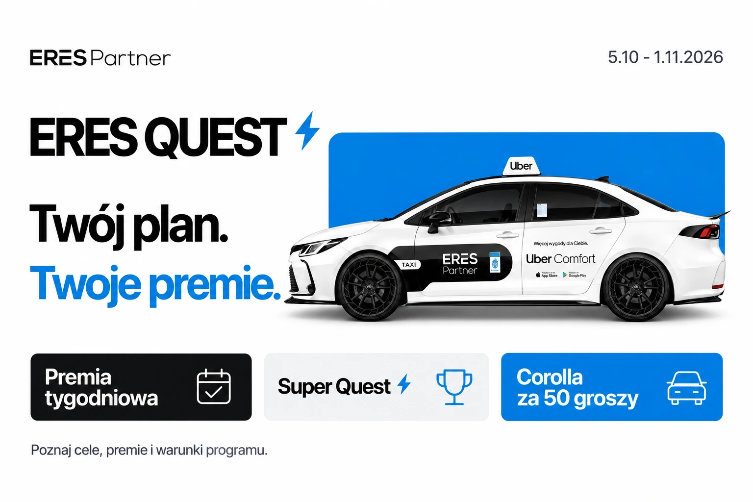 ERES Quest: premie tygodniowe, Super Quest i Corolla za 50 groszy. Biała Toyota Corolla ERES Partner na niebieskim tle.