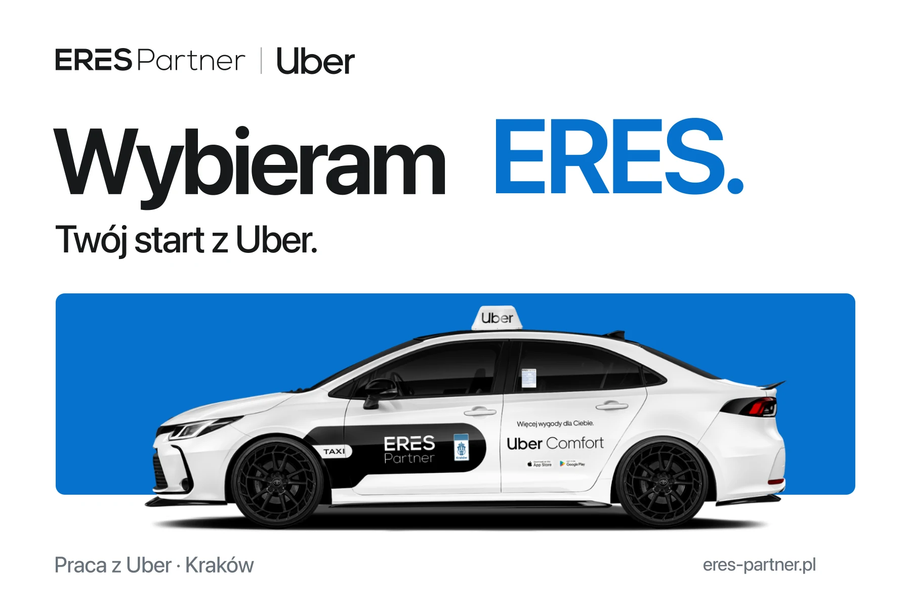 Kampania Wybieram ERES. Logotypy ERES Partner i Uber oraz biała Toyota Corolla na niebieskim tle.